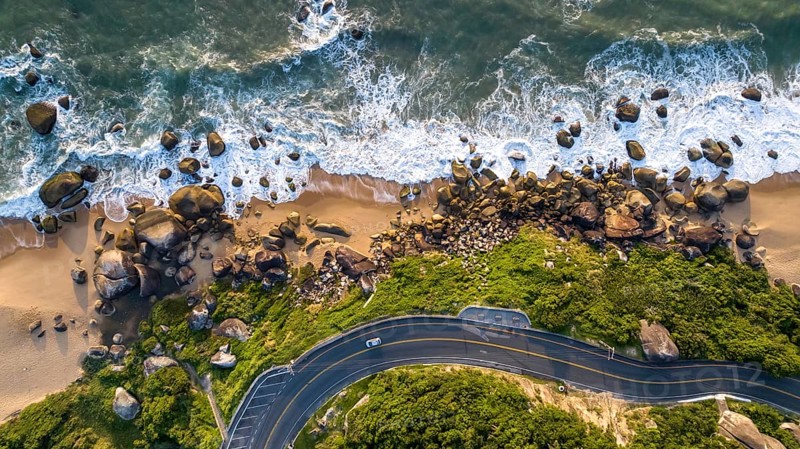 Balneario Camboriu in Santa Catarina. Taquaras Beach and Laranjeiras Beach in Balneario Camboriu. Aerial view in landscape. Brazil