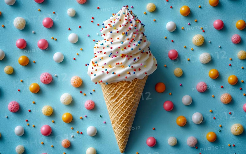 White ice cream with sprinkles on a waffle cone over a blue background with candies, AI generated