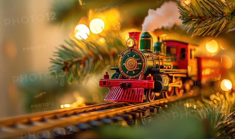 A train is on a track with a Christmas tree in the background. The train is decorated with lights and he is a toy train. Scene is festive and joyful, as it captures the spirit of Christmas AI generated
