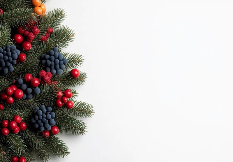 Background of a typical Christmas decoration that is composed of pine leaves, grapes, red berries, AI generated