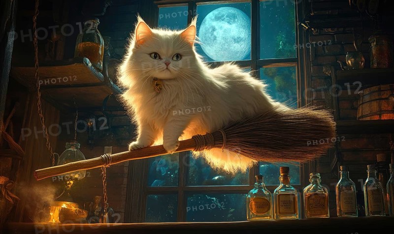 Fluffy white cat perched on a floating broomstick, broom bristles glowing faintly AI generated