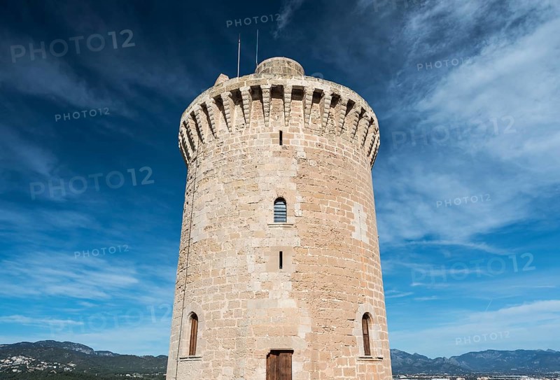 Palma de Mallorca, Mallorca, Spain, 12 30 2017: The Bellver castle ctower with a blue sky background, Europe