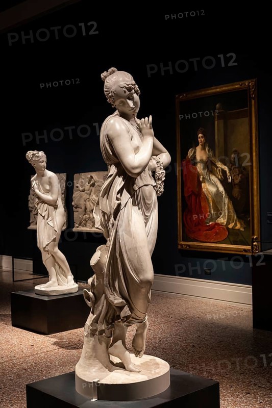Bassano del Grappa, Italy, December 2022: Dancer with finger on her chin, by Antonio Canova, 1814. Classic statue, Roman beauty, Europe