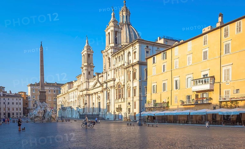 ROME, ITALY, CIRCA AUGUST 2020: Sunrise light on Piazza Navona (Navona Square) buildings