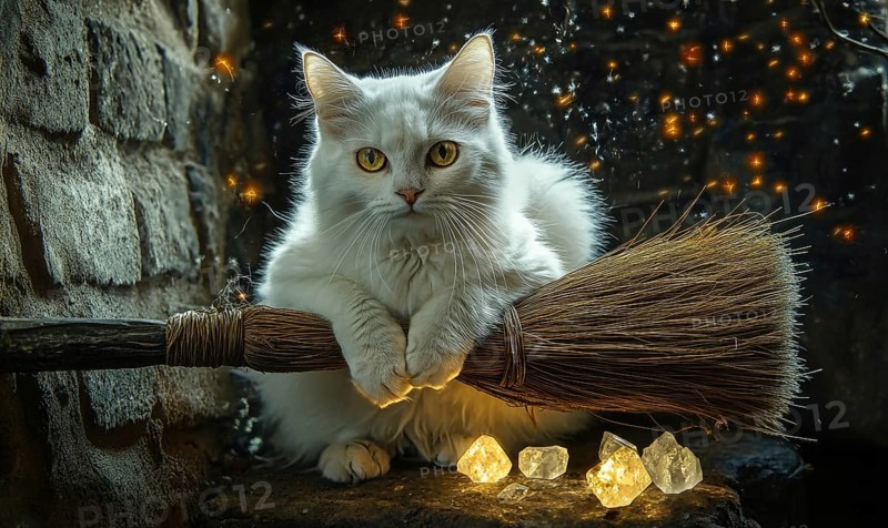 White cat with bright eyes sitting calmly on a broomstick AI generated