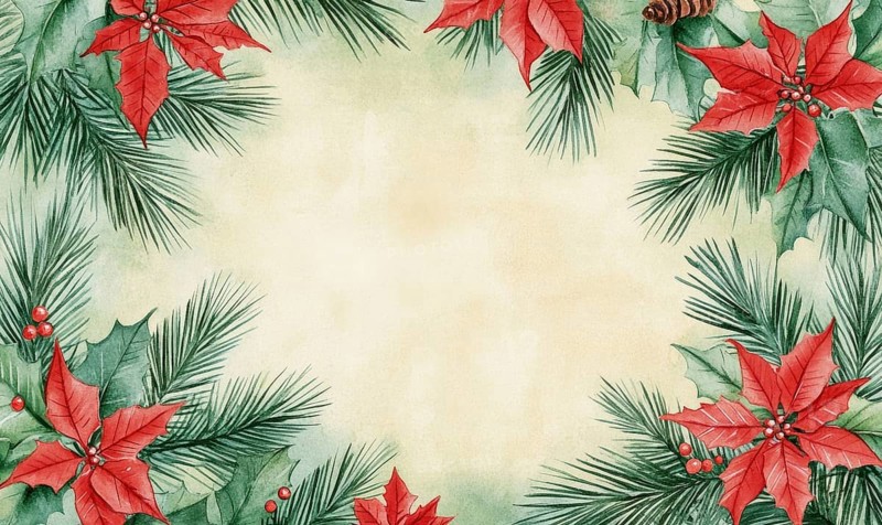 A beautiful Christmas card featuring a red and green border and a red poinsettia in the center. The card has a festive and cheerful mood, perfect for the holiday season AI generated