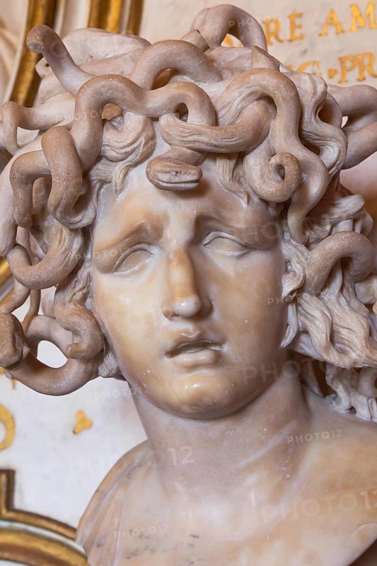 Rome, Italy, 20 August 2023: Capitoline museum, bust of Medusa by Gian Lorenzo Bernini, 1648, marble, Europe