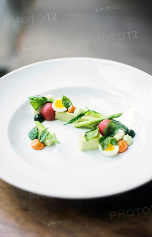 Helthy mixed vegetable salad with egg and broccoli mousse