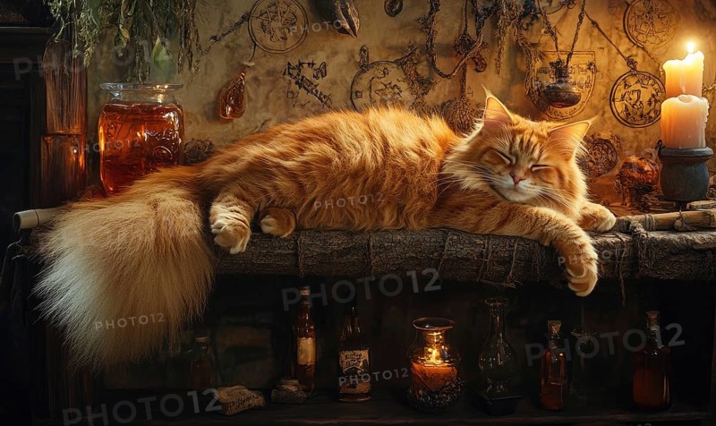 Fluffy gray cat lounging on a wooden shelf in the witches room AI generated