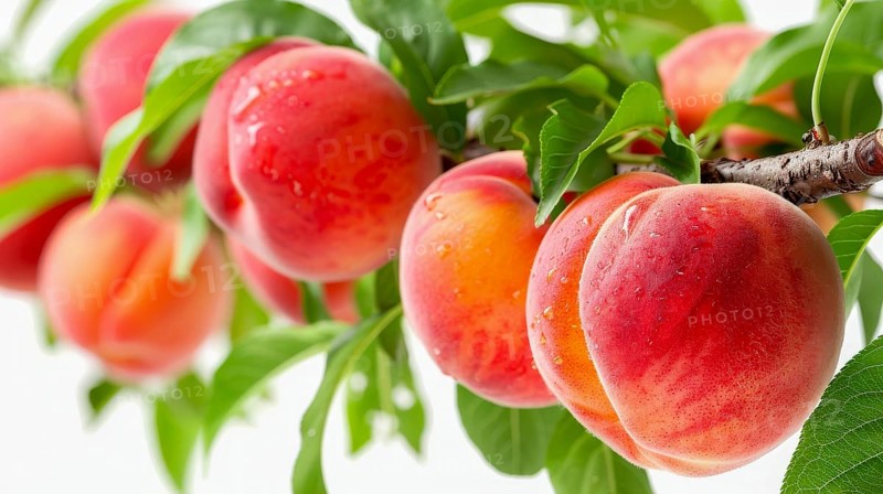 Ripe peaches hanging from a branch with green leaves, showcasing a vibrant summer scene, AI generated