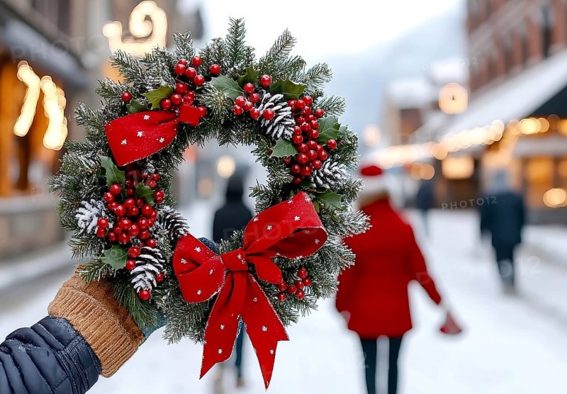 Close-up of a hand holding a Christmas wreath adorned with red ribbons and berries, with an out-of-focus winter street in the background, AI generated