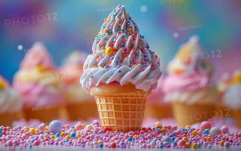 Ice cream cone with pastel sprinkles and bokeh background, AI generated