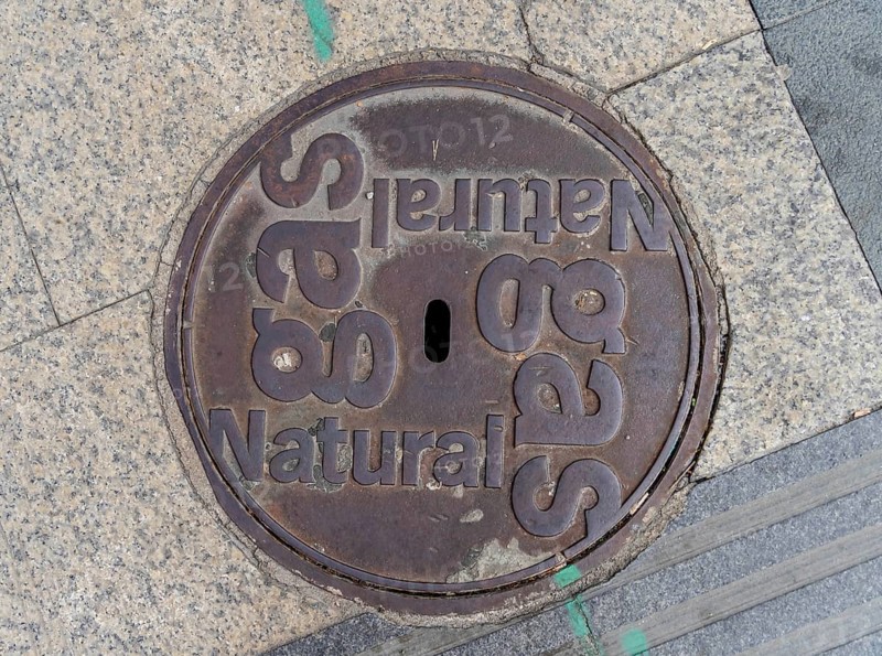 Madrid manhole cover on a busy street in Madrid, Spain, Europe