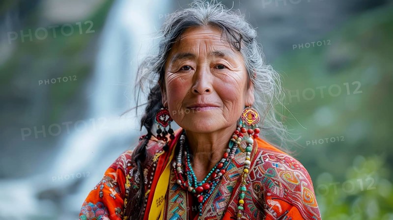 Woman in traditional colorful attire with earrings and necklace, standing by a waterfall, smiling, AI generated