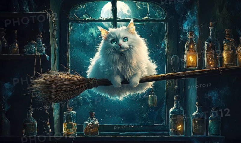 Fluffy white cat perched on a floating broomstick, broom bristles glowing faintly AI generated
