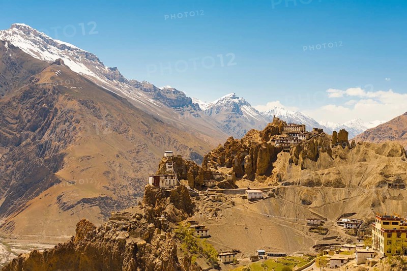 The stunning Dhankar cliff old monastery in Spiti Valley amongst the mountains of the Himalayas in Dhankar, Himachal Pradesh, India, Asia
