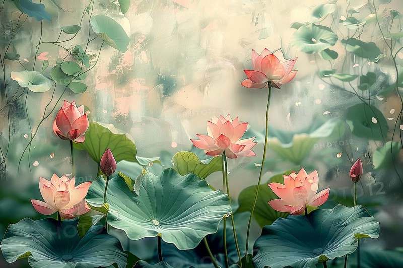 Delicate composition of bright pink lotus flowers with soft green leaves. The background has a harmonious bokeh. AI generated, AI generated