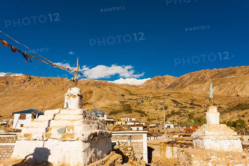 Buddhist stupas at a small temple complex in Nako, a village in the Spiti Valley of Himachal Pradesh, India, Asia