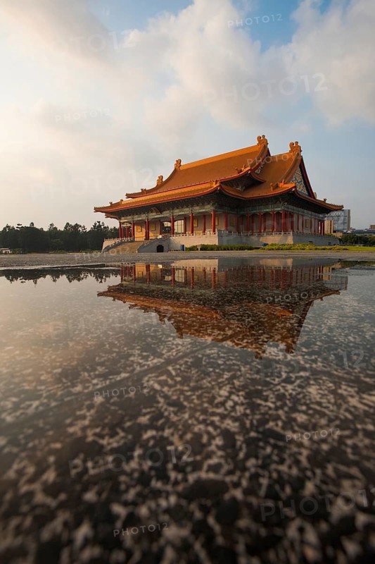 A water reflection of the National Concert Hall in Liberty Square of downtown Taipei