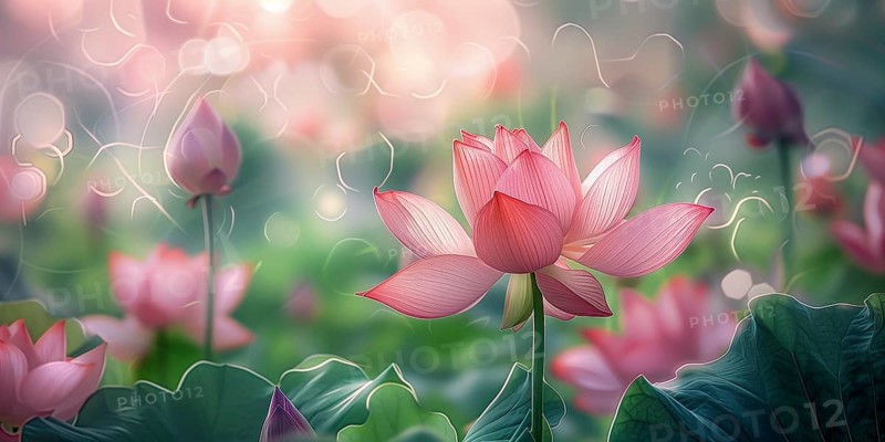 Delicate composition of bright pink lotus flowers with soft green leaves. The background has a harmonious bokeh. AI generated, AI generated