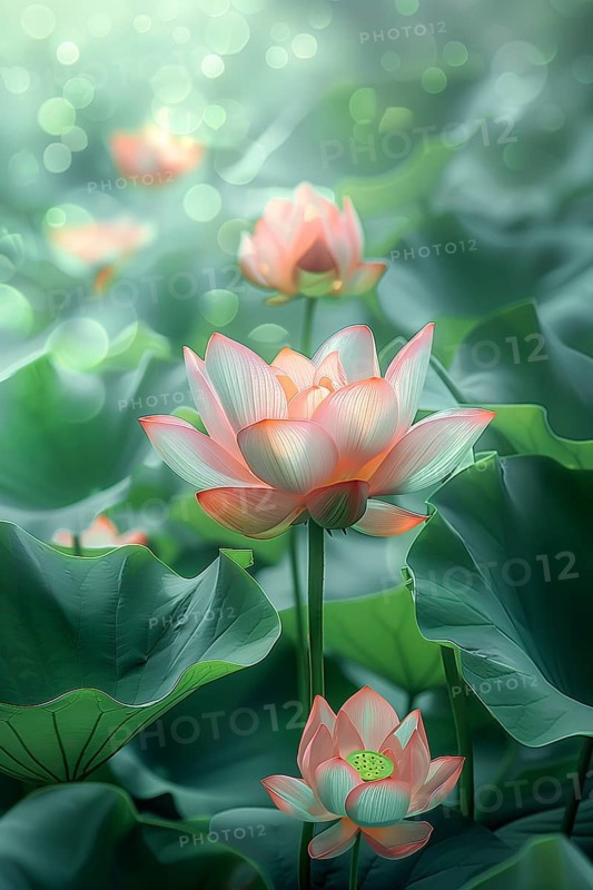 Delicate composition of bright pink lotus flowers with soft green leaves. The background has a harmonious bokeh. AI generated, AI generated