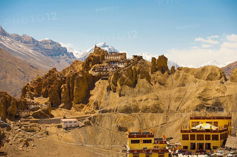A stunning view of the Himalaya mountains behind the old and new monastery of Dhankar, Spiti Valley, Himachal Pradesh, India, Asia