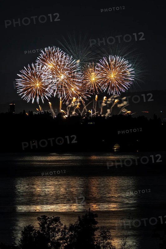 Fireworks over a lake with a reflection in the water