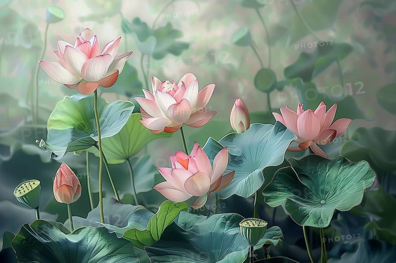 Delicate composition of bright pink lotus flowers with soft green leaves. The background has a harmonious bokeh. AI generated, AI generated