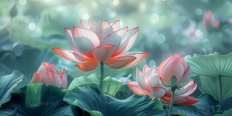 Delicate composition of bright pink lotus flowers with soft green leaves. The background has a harmonious bokeh. AI generated, AI generated