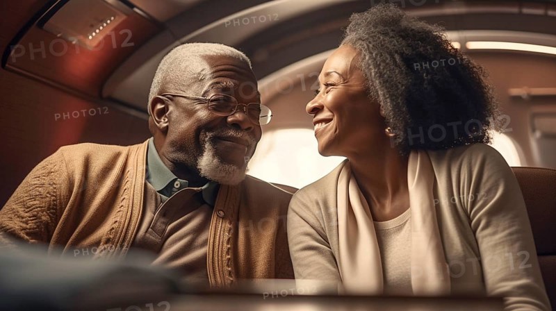 Happy and proud elderly successful adult african american couple in their private executive luxury jet, generatvie AI, AI generated