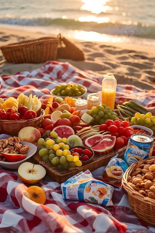 Picnic scene with healthy food and snacks on a sunny sandy beach, AI generated