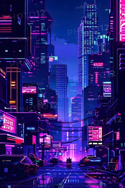 Pixel art of a cyberpunk city scape at night with neon infused skyline, AI generated