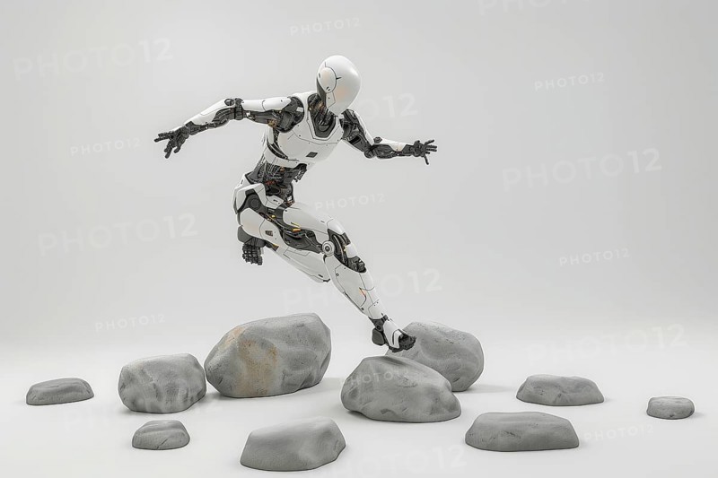 Futuristic humanoid cyborg running and jumping over rocks in front of a white background, AI generated