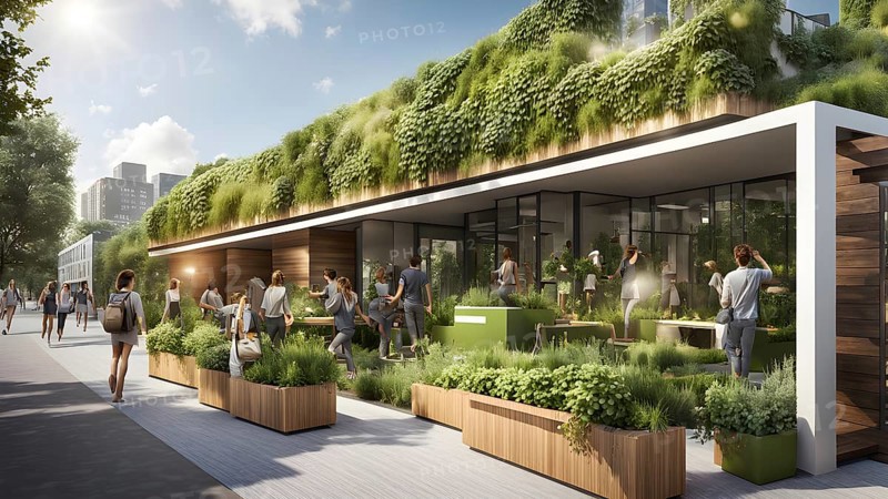 3d model render showcasing an urban neighborhood boasting ecological zero waste infrastructure with recycling stations, AI generated