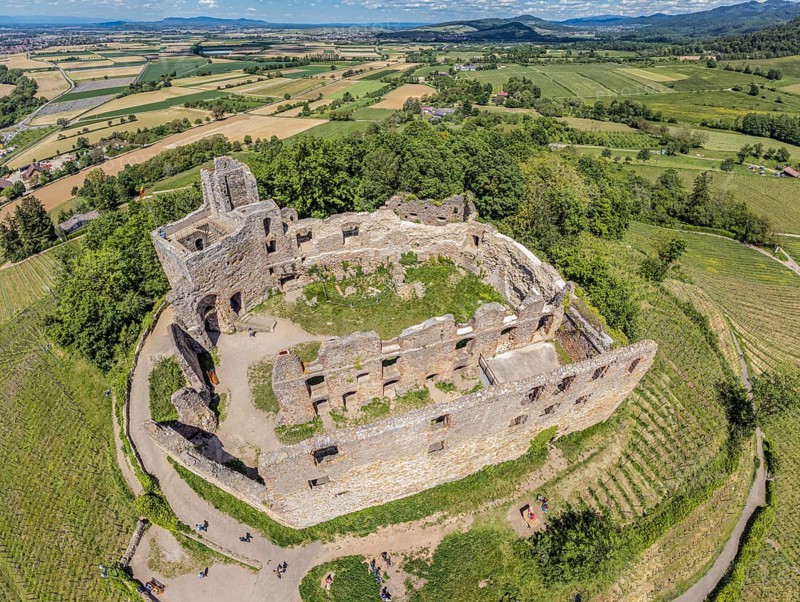 Aerial view of castle Staufen, ruin on hill at village Staufen, south of Freiburg Breisgau, Germany, Europe