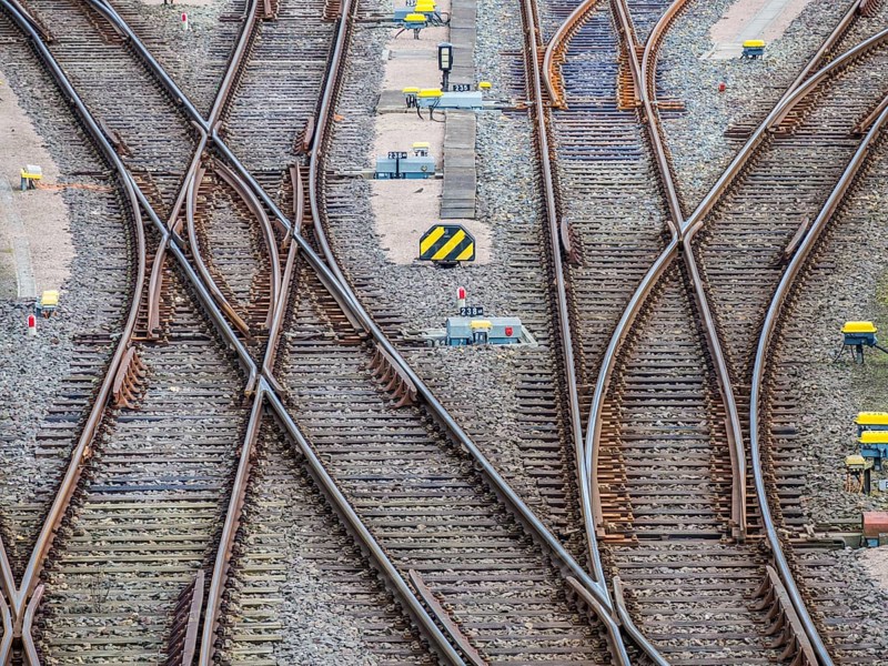 Railway switches, multiple directions, Hamburg harbor, Germany, Europe