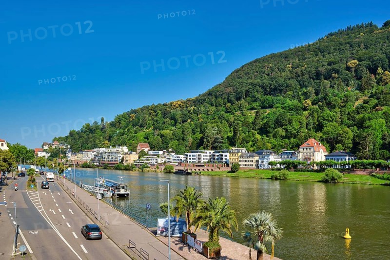 Heidelberg, Germany, June 28th 2024: View over lower Neckar river bank with street and residential buildings in summer, Europe