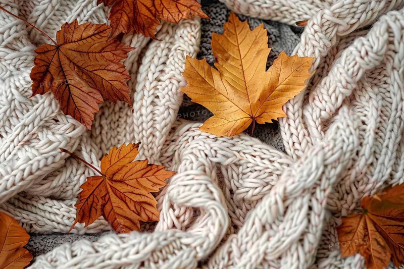 Autumn maple leaves on cozy knitted blanket. Generative Ai, AI generated
