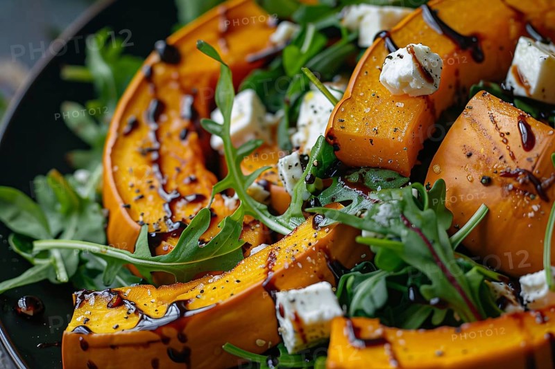Close up of salad with baked pumpkin slices with rucola lettuce and feta cheese. Generative ai, AI generated