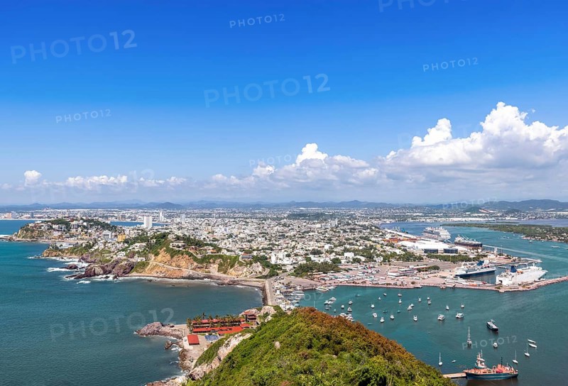 Mazatlan lookout points Mirador Del Faro and Mirador de Crystal with scenic panoramic aerial views of Mazatlan Old Historic center, Hotel zone Zona Dorada, El Malecon waterfront and beaches