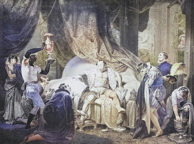 The Taming of the Shrew. Introductory Scene II. A bedchamber in the lord's house. Sly, lord and servants, some with robes, others with basin and pitcher and other paraphernalia. From the Boydell Shakespeare Gallery, published at the end of the 19th century, Historic, digitally restored reproduction from a 19th century master, Record date not stated