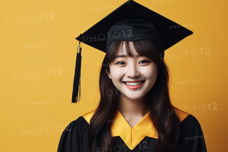 Smiling Asian young woman in graduation cap hat and cape on yellow studio background. KI generiert, generiert, AI generated