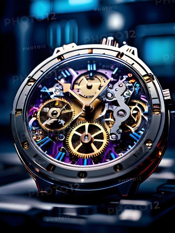 AI generated mechanical watch close up with shimmering digital component