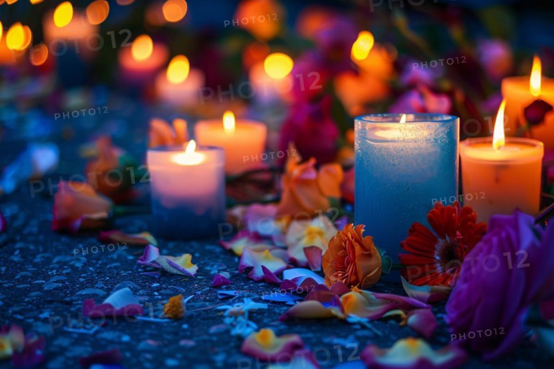 Memorial with candles and flowers in street. KI generiert, generiert, AI generated