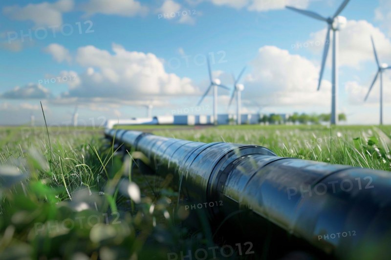 Hydrogen pipeline with wind turbines. KI generiert, generiert, AI generated