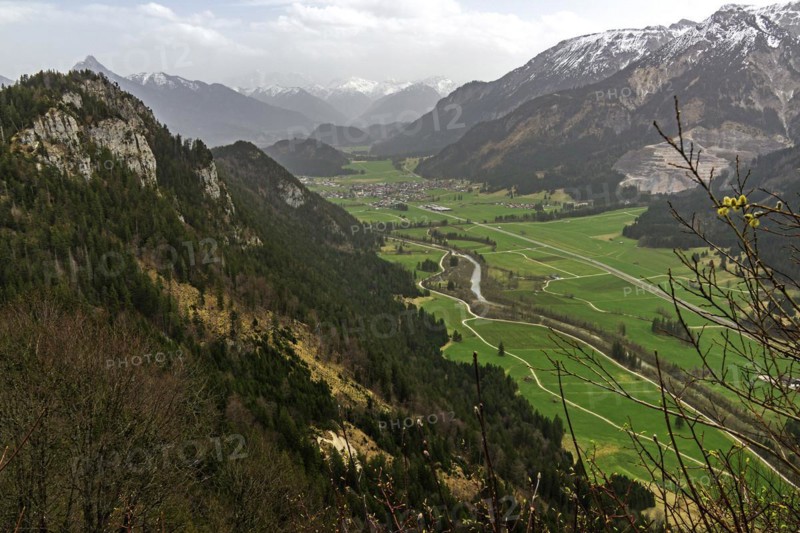 View from the ruins of Falkenstein Castle near Pfronten, Allgäu, Bavaria, Germany, on the right the river Vils, in the background the town of Vils, Tyrol, Austria, Europe