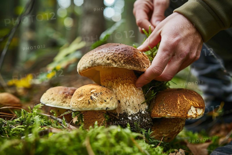 Hand picking up large brown Boletus mushroom in forest. KI generiert, generiert, AI generated