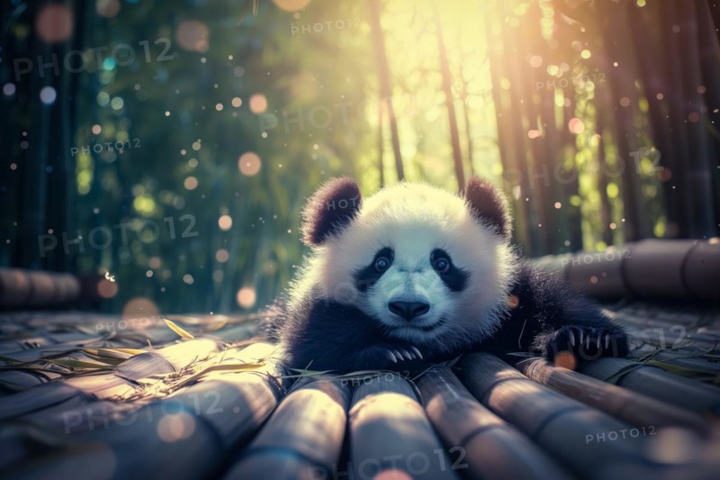 Cute panda cub in a lush bamboo grove, The image showcases the beauty and serenity of nature and wildlife. Endangered species, AI generated