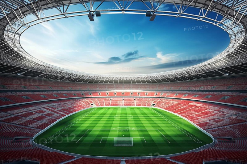 A soccer field with a large crowd of people spectators fans watching the game view. The stadium is lit up with bright flood spotlights ready for a match game, AI generated