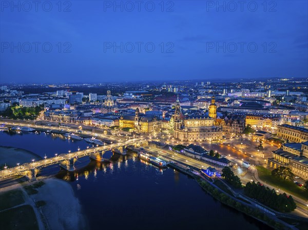 Theatre Square, Court Church, Residential Palace on the Elbe with Brühl's Terrace, Ständehaus and Augustus Bridge, Dresden, Saxony, Germany, Europe